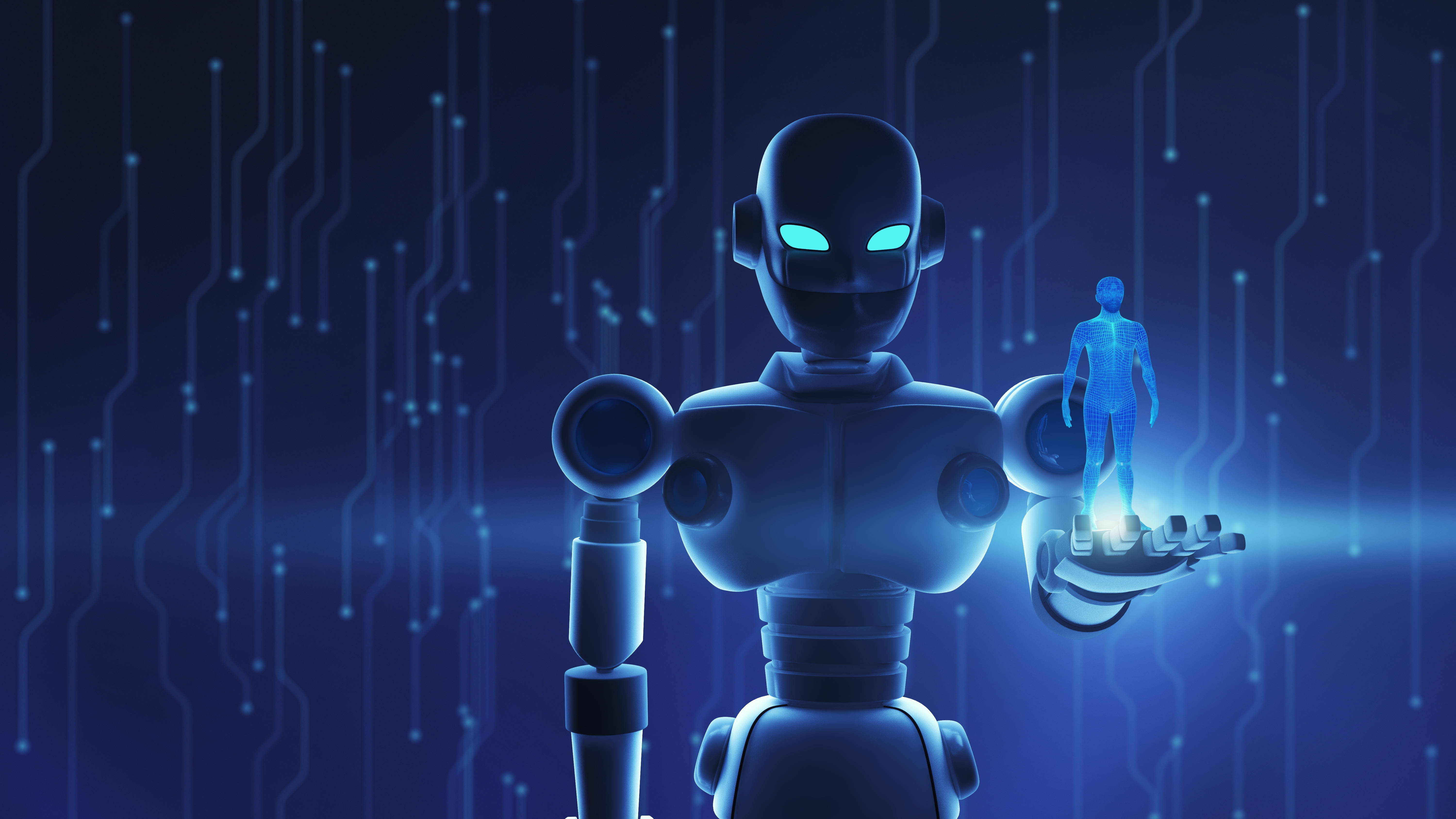 Robot holding human in virtual display, Artificial intelligence in futuristic technology concept. 3d illustration