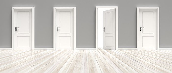 Closed and open doors on grey wall and white wooden floor background, banner. 3d illustration